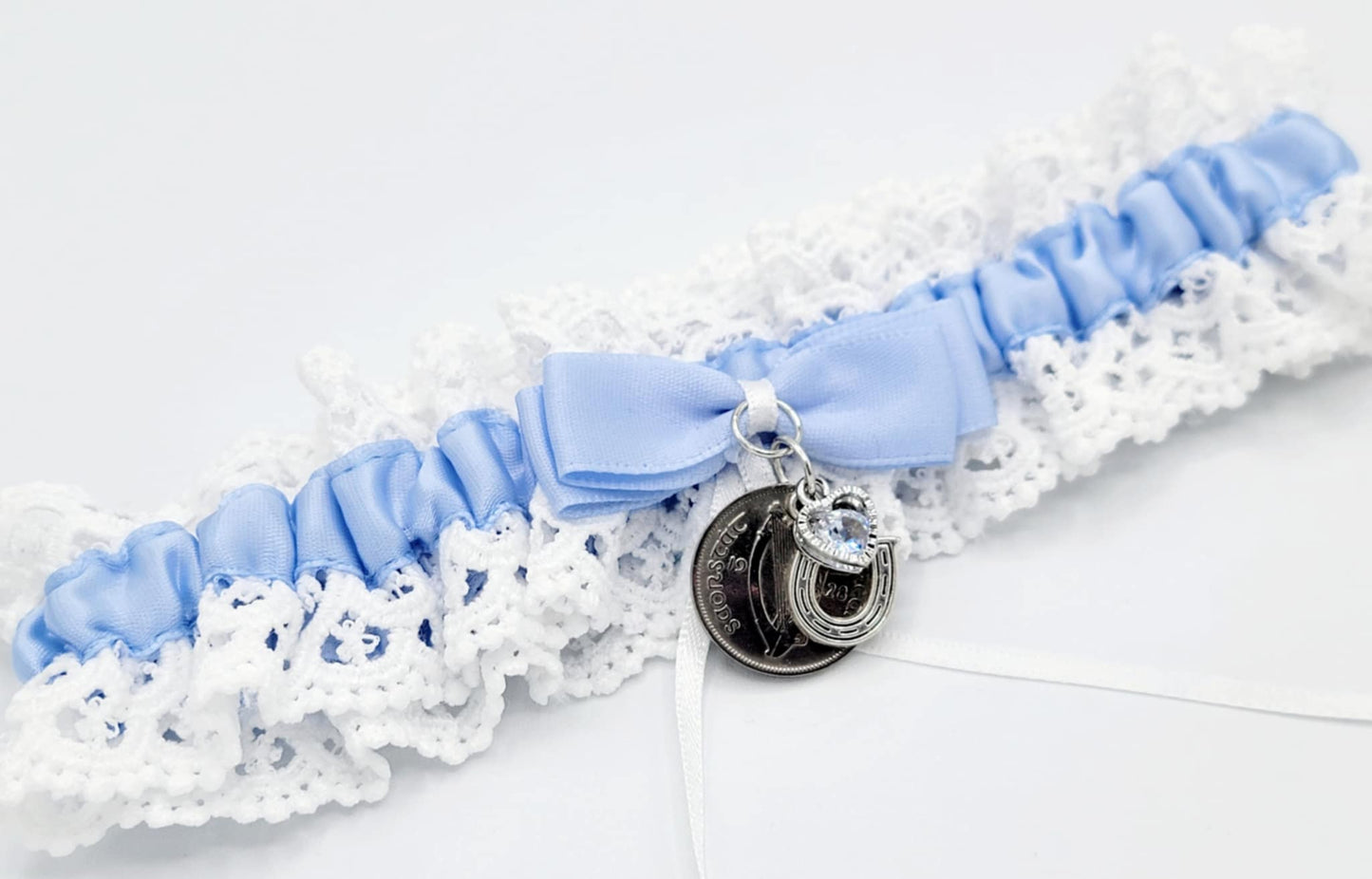 Garter Wedding IRISH SIXPENCE Something Blue Sixpence Horseshoe Bride Gift Hen Party Free Gift Bag Tag Free Postage