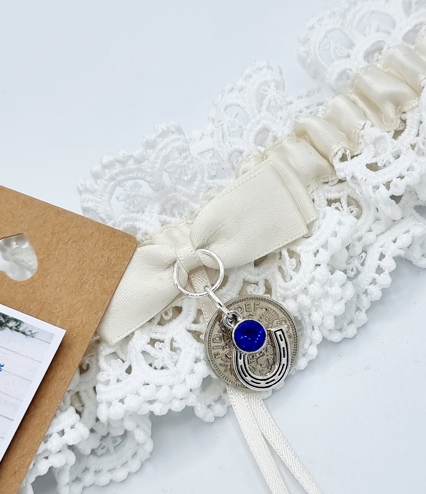 Garter Wedding Something Blue Sixpence Horseshoe Bride Gift Hen Party Free Gift Bag Tag Free Postage