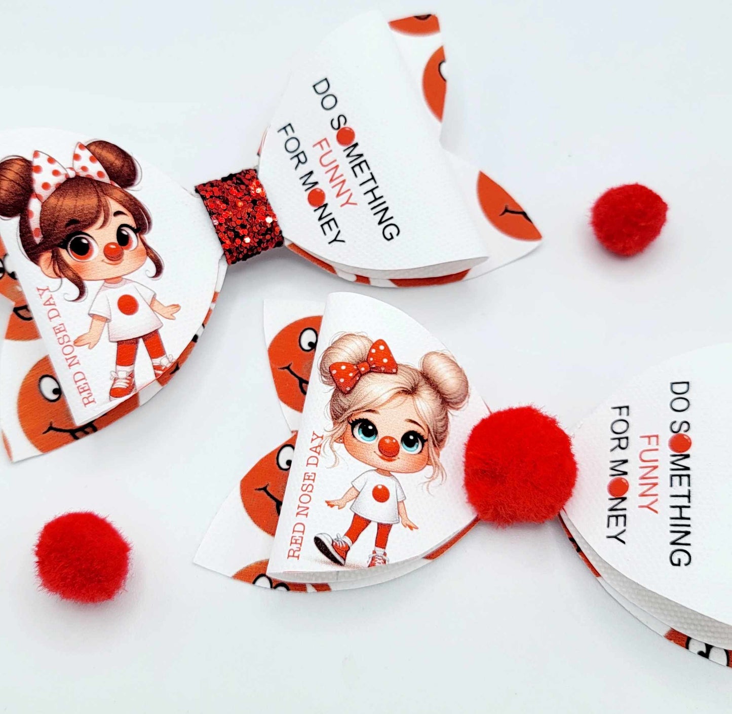 Red nose day hair bow, girls hair bows, hair clips, girls accessories. Pair of 2