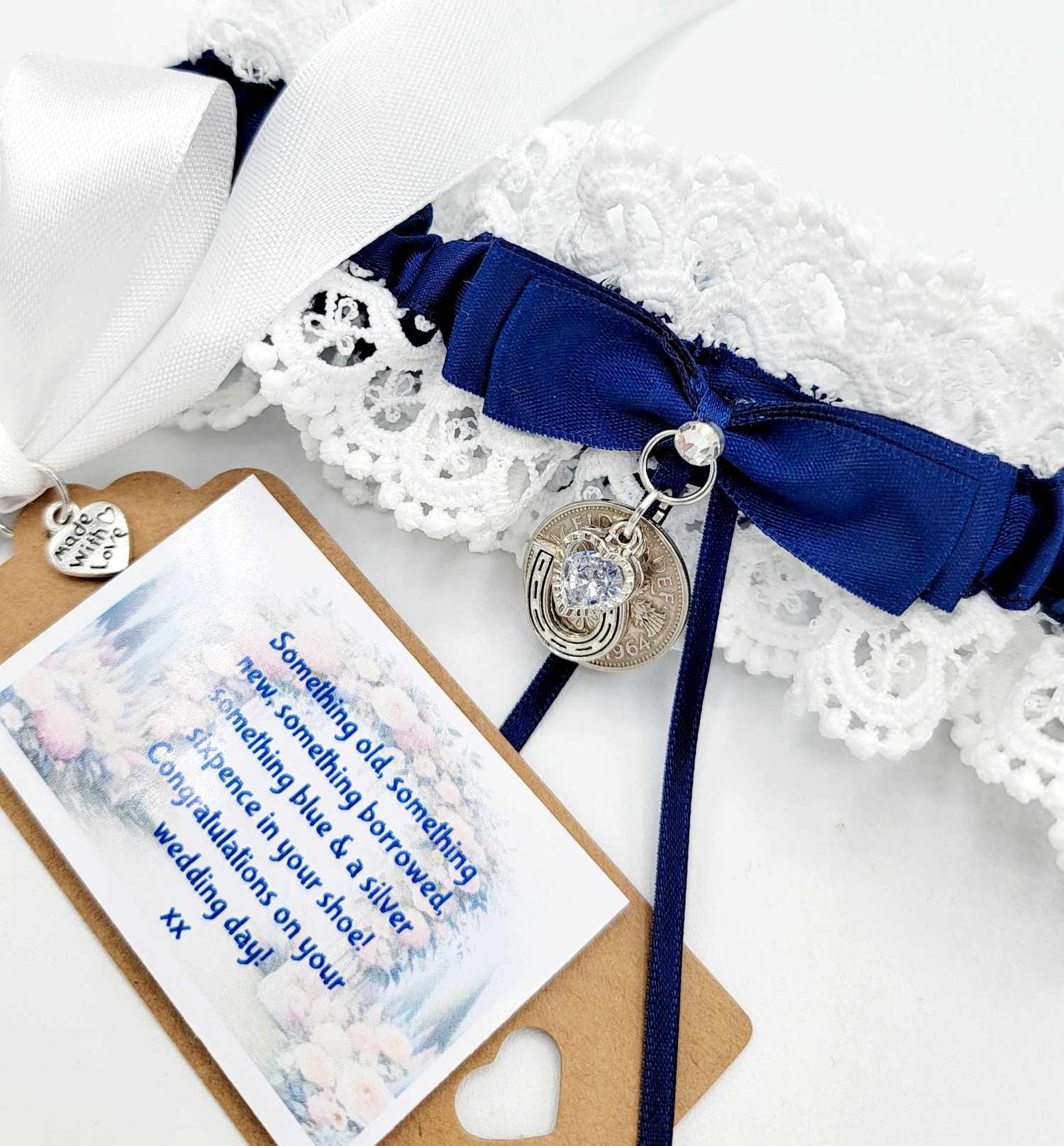 Garter Wedding Navy or Royal Blue Something Blue Sixpence Horseshoe Bride Gift Hen Party Free Gift Bag Tag Free Postage Royal Blue