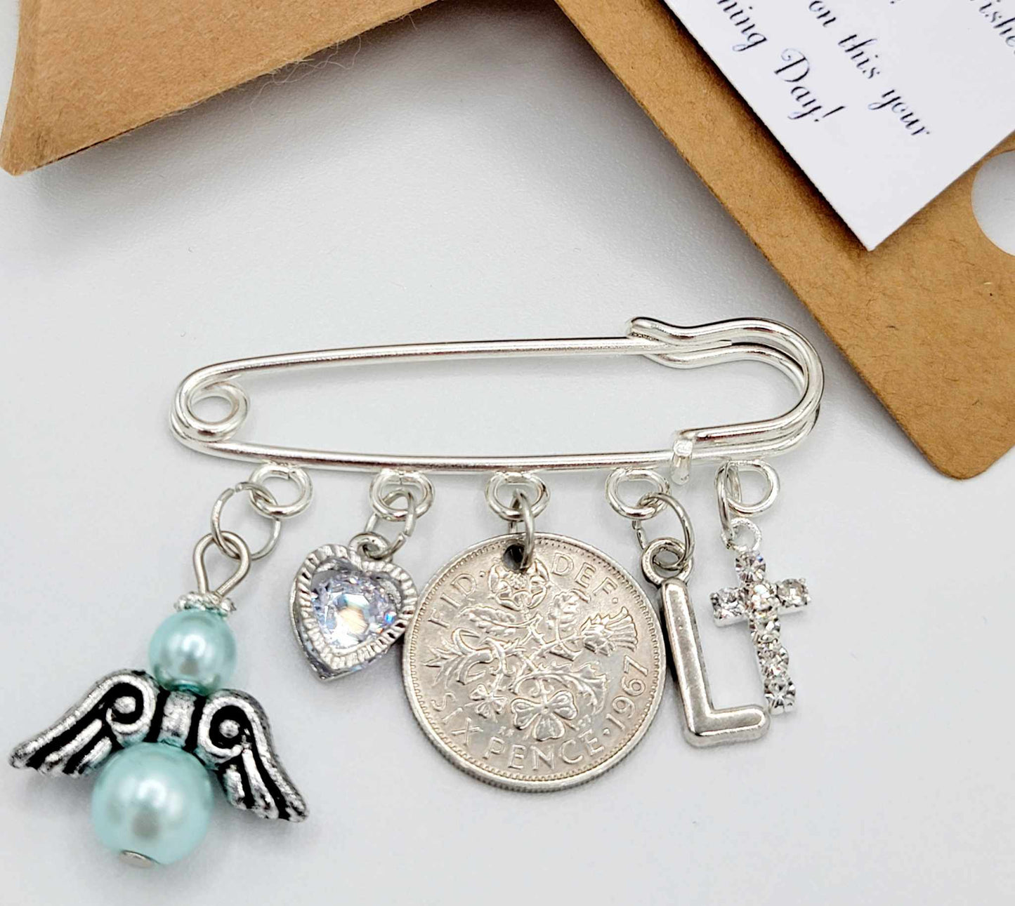LUCKY SIXPENCE CHRISTENING Gift Kilt Pin Charm - Personalised - Initial added Gift Tag & Gift Box Free Baptism Naming Day