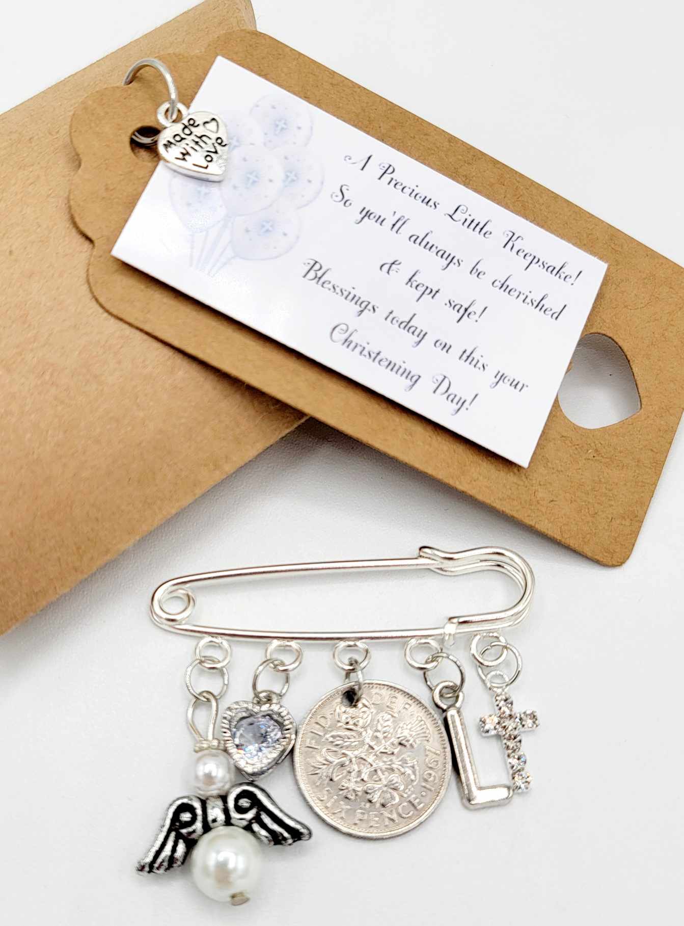 LUCKY SIXPENCE CHRISTENING Gift Kilt Pin Charm - Personalised - Initial added Gift Tag & Gift Box Free Baptism Naming Day
