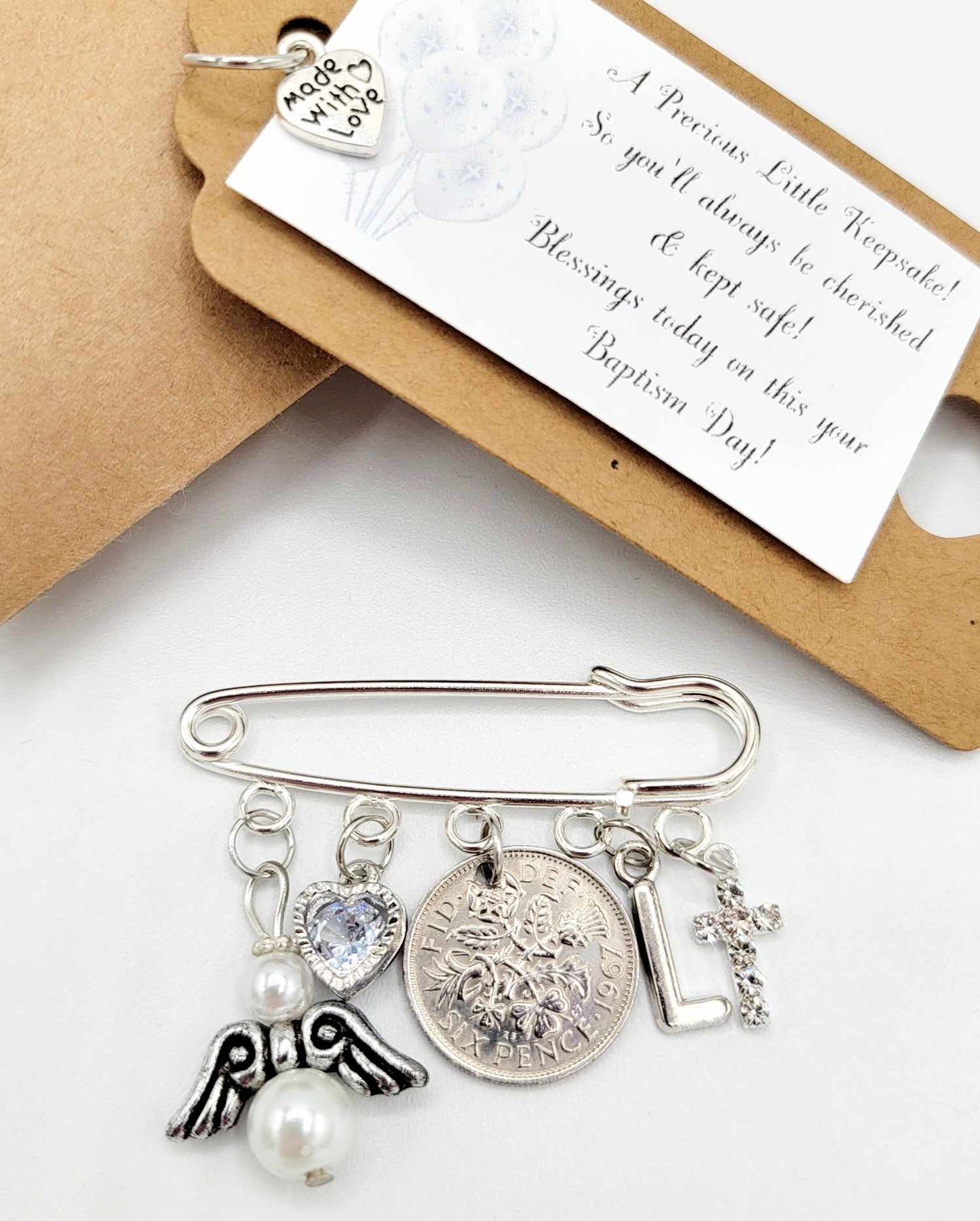 LUCKY SIXPENCE CHRISTENING Gift Kilt Pin Charm - Personalised - Initial added Gift Tag & Gift Box Free Baptism Naming Day