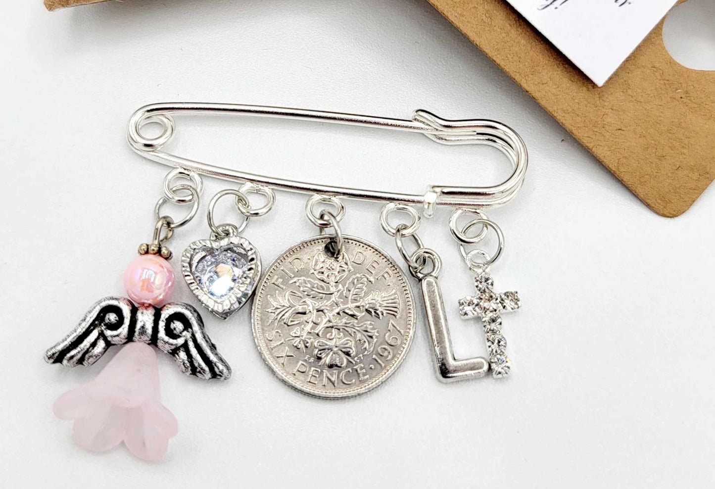 LUCKY SIXPENCE CHRISTENING Gift Kilt Pin Charm - Personalised - Initial added Gift Tag & Gift Box Free Baptism Naming Day