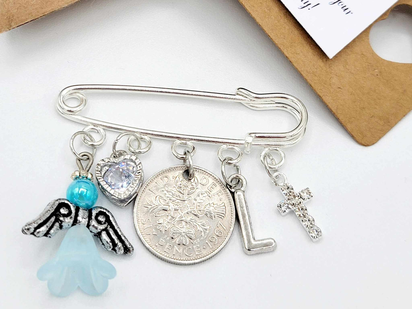 LUCKY SIXPENCE CHRISTENING Gift Kilt Pin Charm - Personalised - Initial added Gift Tag & Gift Box Free Baptism Naming Day