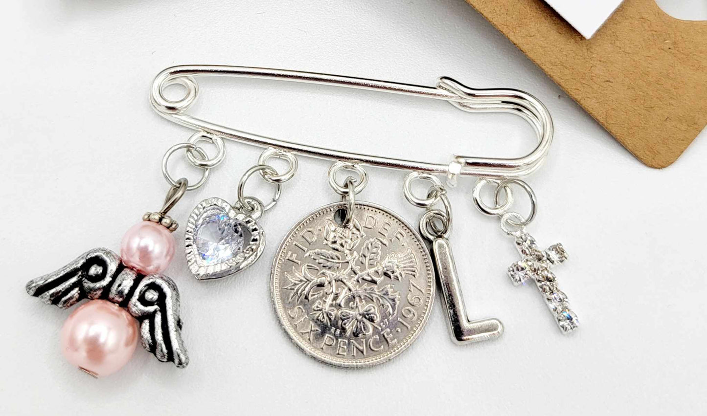 LUCKY SIXPENCE CHRISTENING Gift Kilt Pin Charm - Personalised - Initial added Gift Tag & Gift Box Free Baptism Naming Day