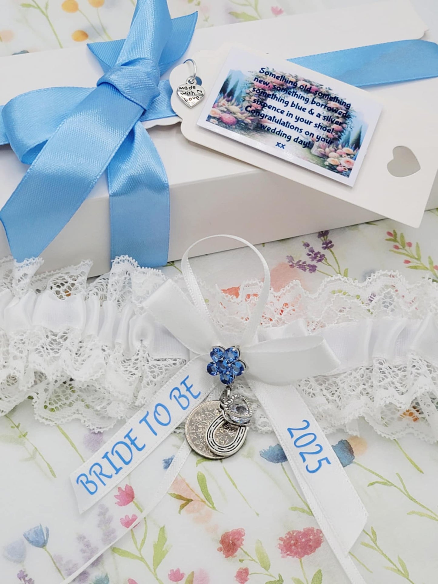 Personalised Wedding Garter Gift Set: Something Blue, Sixpence, Horseshoe