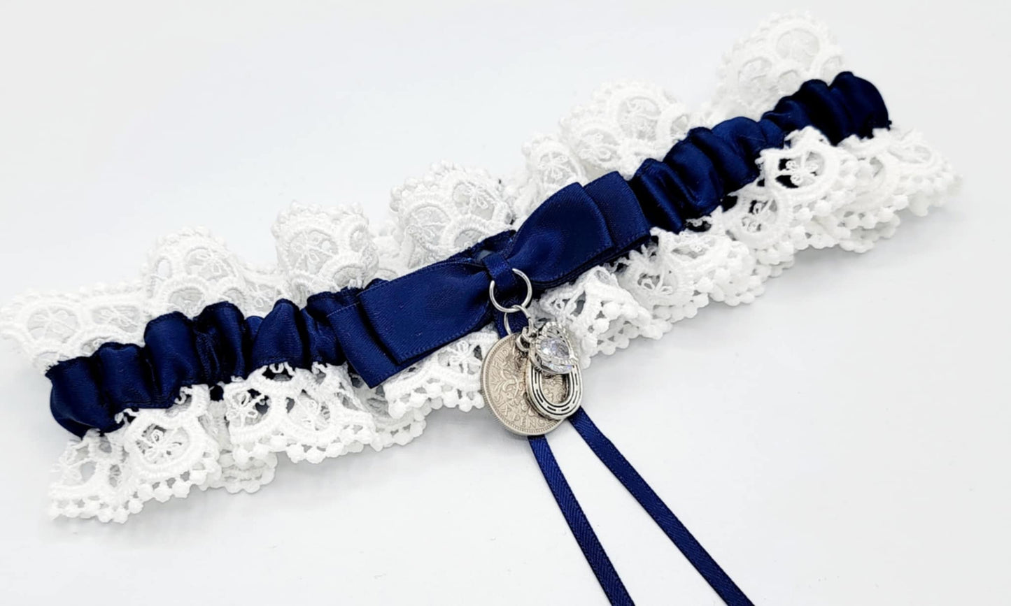 Garter Wedding Navy or Royal Blue Something Blue Sixpence Horseshoe Bride Gift Hen Party Free Gift Bag Tag Free Postage Royal Blue