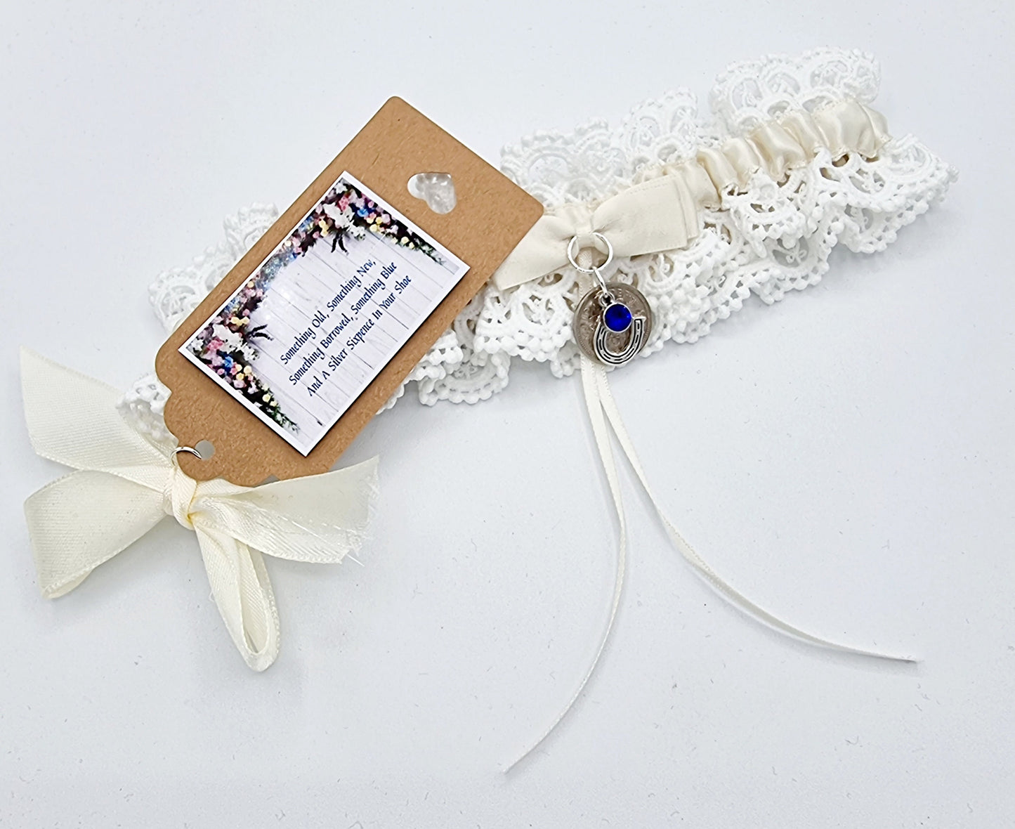 Garter Wedding Something Blue Sixpence Horseshoe Bride Gift Hen Party Free Gift Bag Tag Free Postage