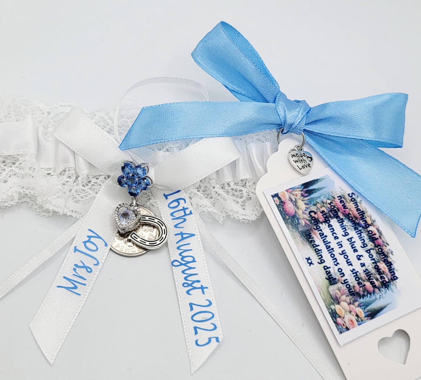 Personalised Wedding Garter Gift Set: Something Blue, Sixpence, Horseshoe