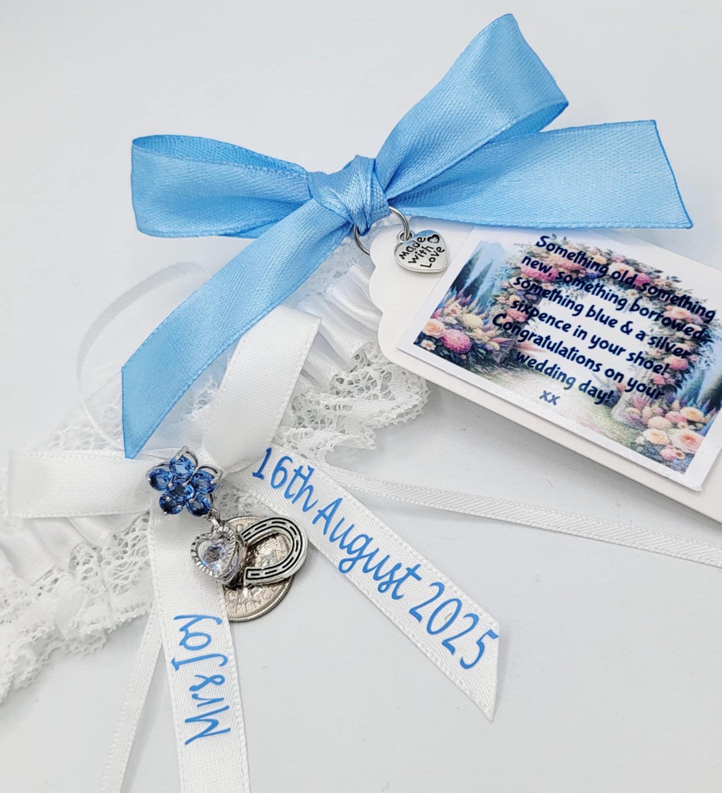 Personalised Wedding Garter Gift Set: Something Blue, Sixpence, Horseshoe