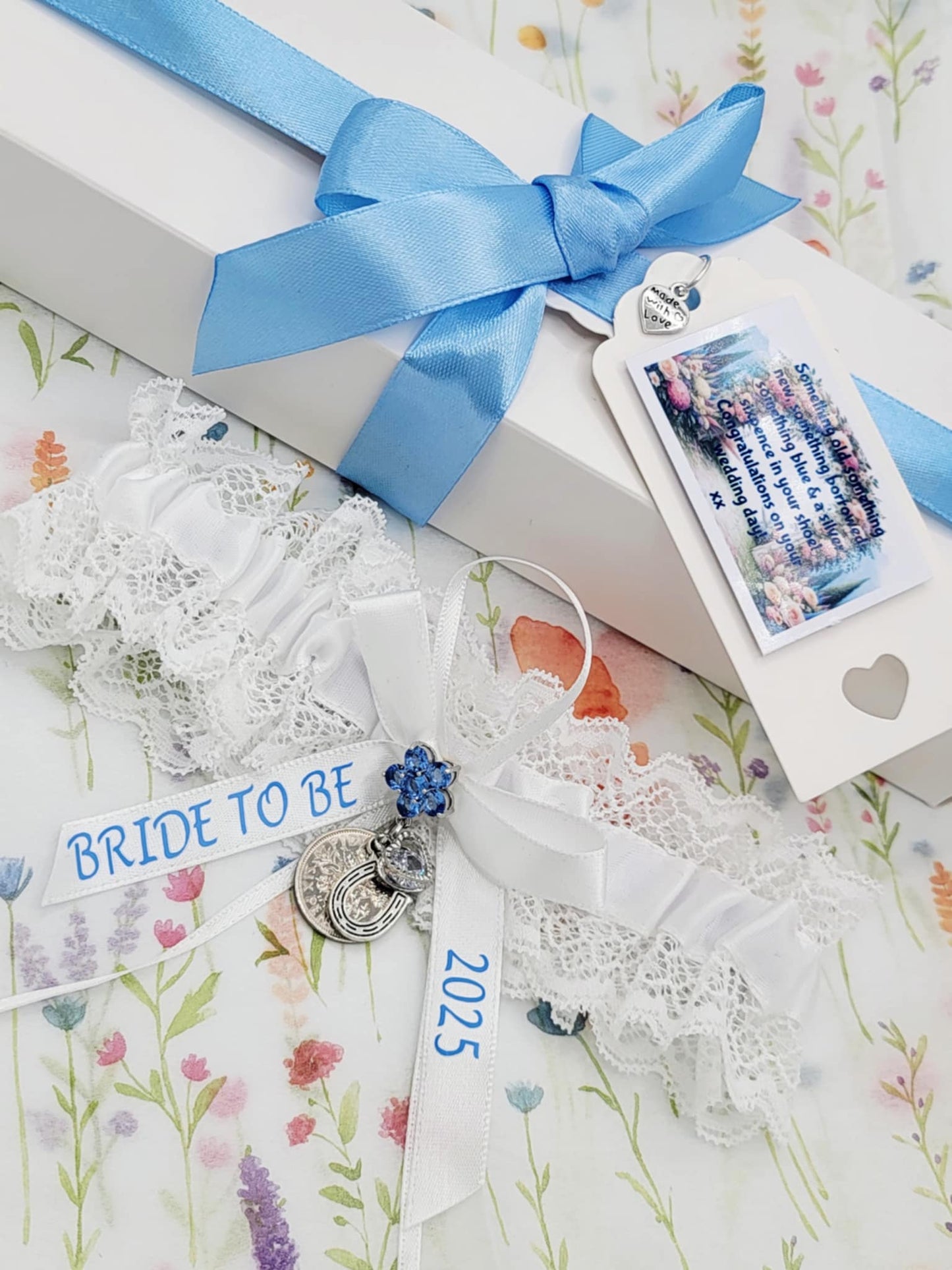 Personalised Wedding Garter Gift Set: Something Blue, Sixpence, Horseshoe