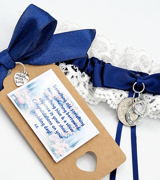 Garter Wedding Navy or Royal Blue Something Blue Sixpence Horseshoe Bride Gift Hen Party Free Gift Bag Tag Free Postage Royal Blue