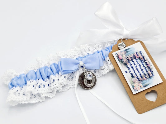 Garter Wedding IRISH SIXPENCE Something Blue Sixpence Horseshoe Bride Gift Hen Party Free Gift Bag Tag Free Postage