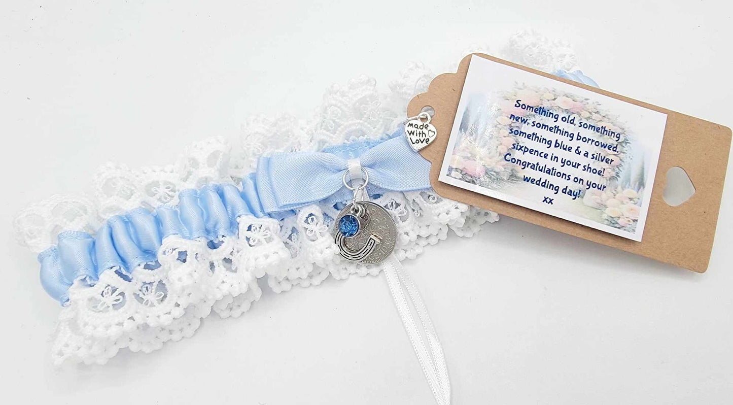 Garter Wedding Something Blue Sixpence Horseshoe Bride Gift Hen Party Free Gift Bag Tag Free Postage