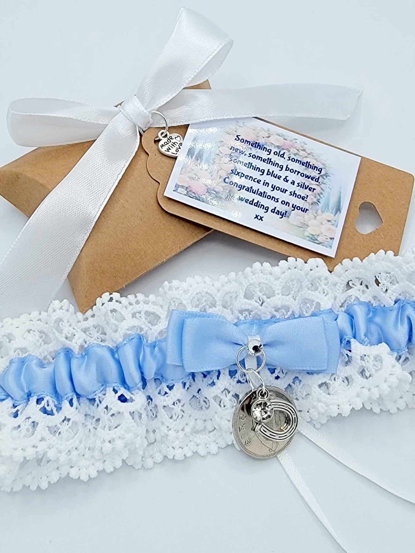 Garter Wedding Something Blue Sixpence Horseshoe Bride Gift Hen Party Free Gift Bag Tag Free Postage