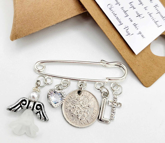 LUCKY SIXPENCE CHRISTENING Gift Kilt Pin Charm - Personalised - Initial added Gift Tag & Gift Box Free Baptism Naming Day