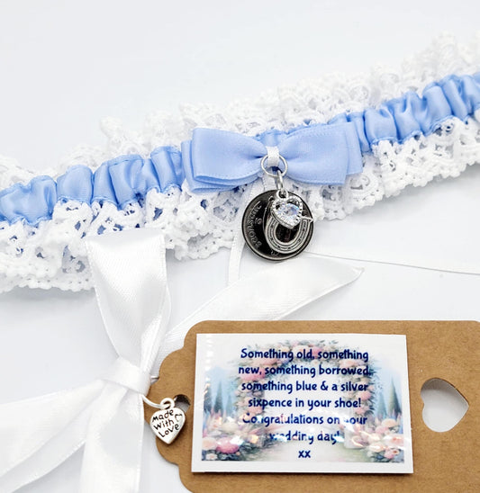 Garter Wedding Something Blue Sixpence Horseshoe Bride Gift Hen Party Free Gift Bag Tag Free Postage