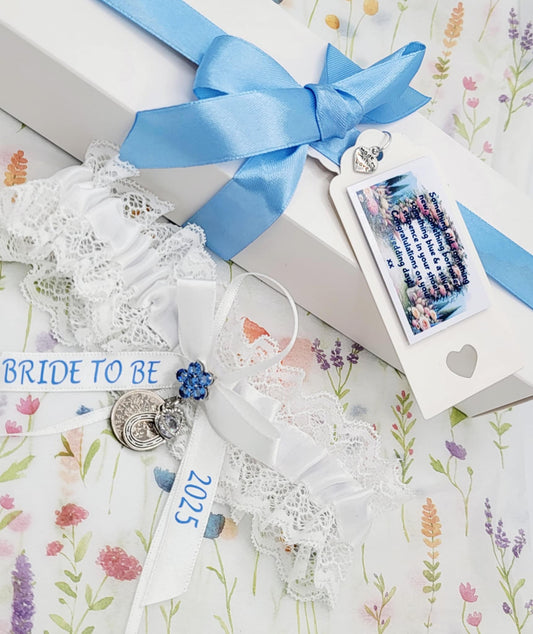 Personalised Wedding Garter Gift Set: Something Blue, Sixpence, Horseshoe