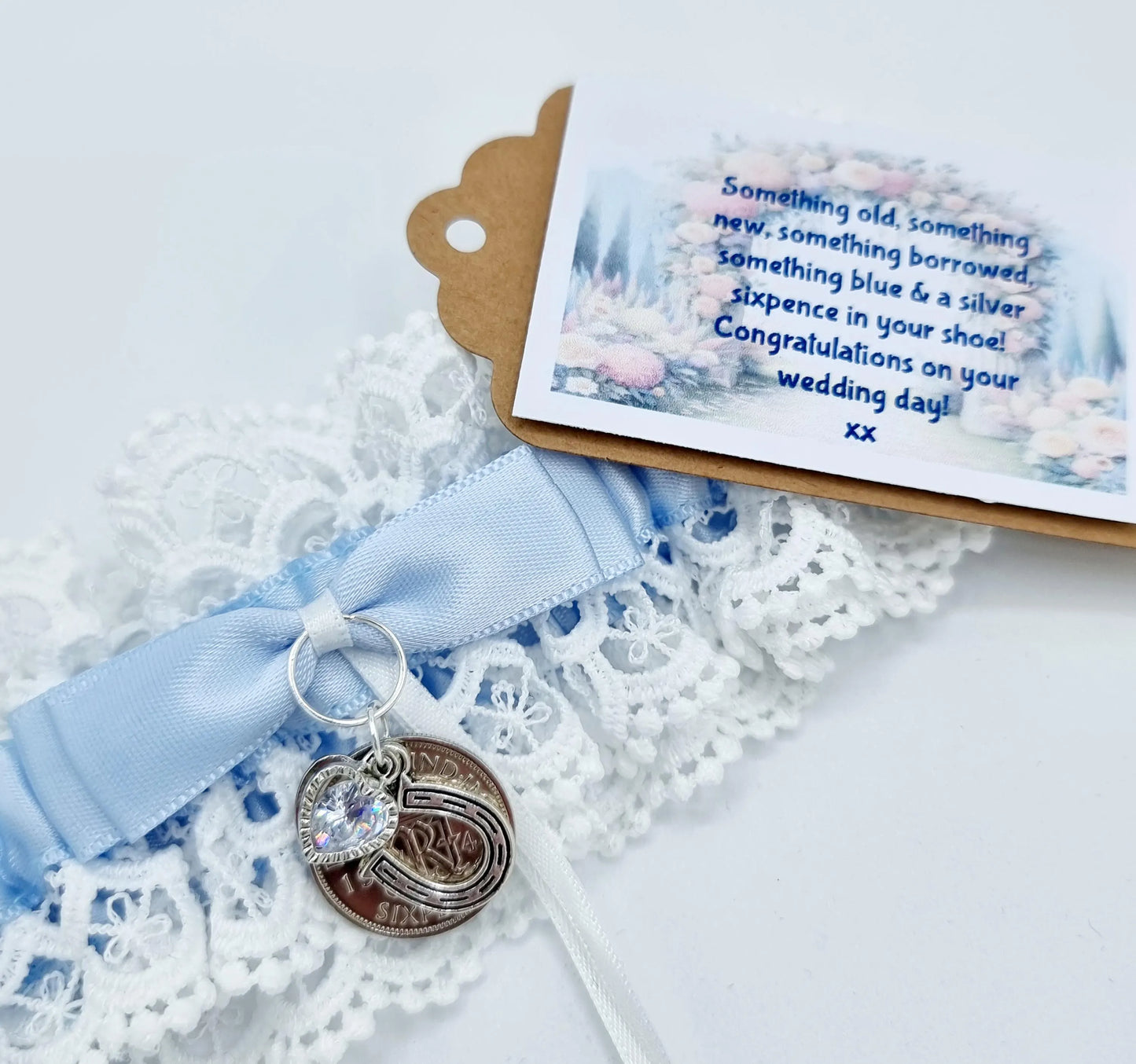 Garter Wedding Something Blue Sixpence Horseshoe Bride Gift Hen Party Free Gift Bag Tag Free Postage