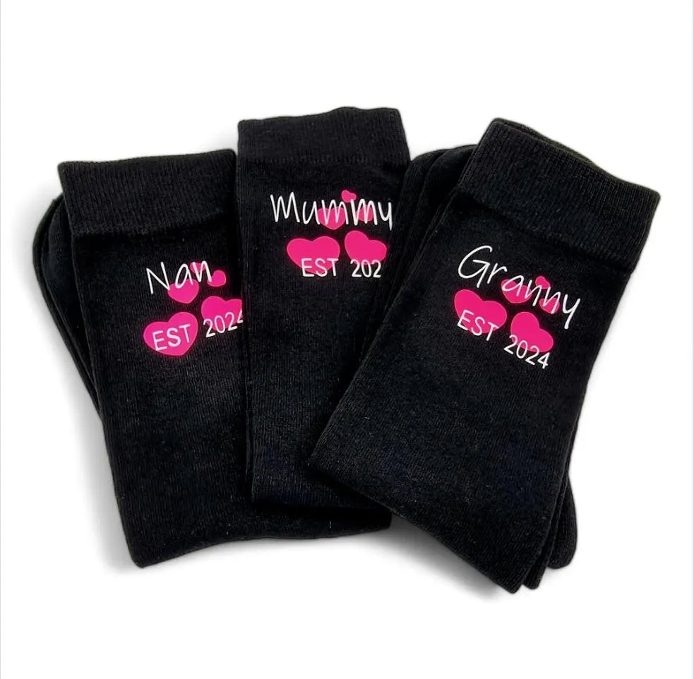 Mummy Grandma Nannan Aunty Cousin Est 2024 Socks Any year added Personalised Socks Black