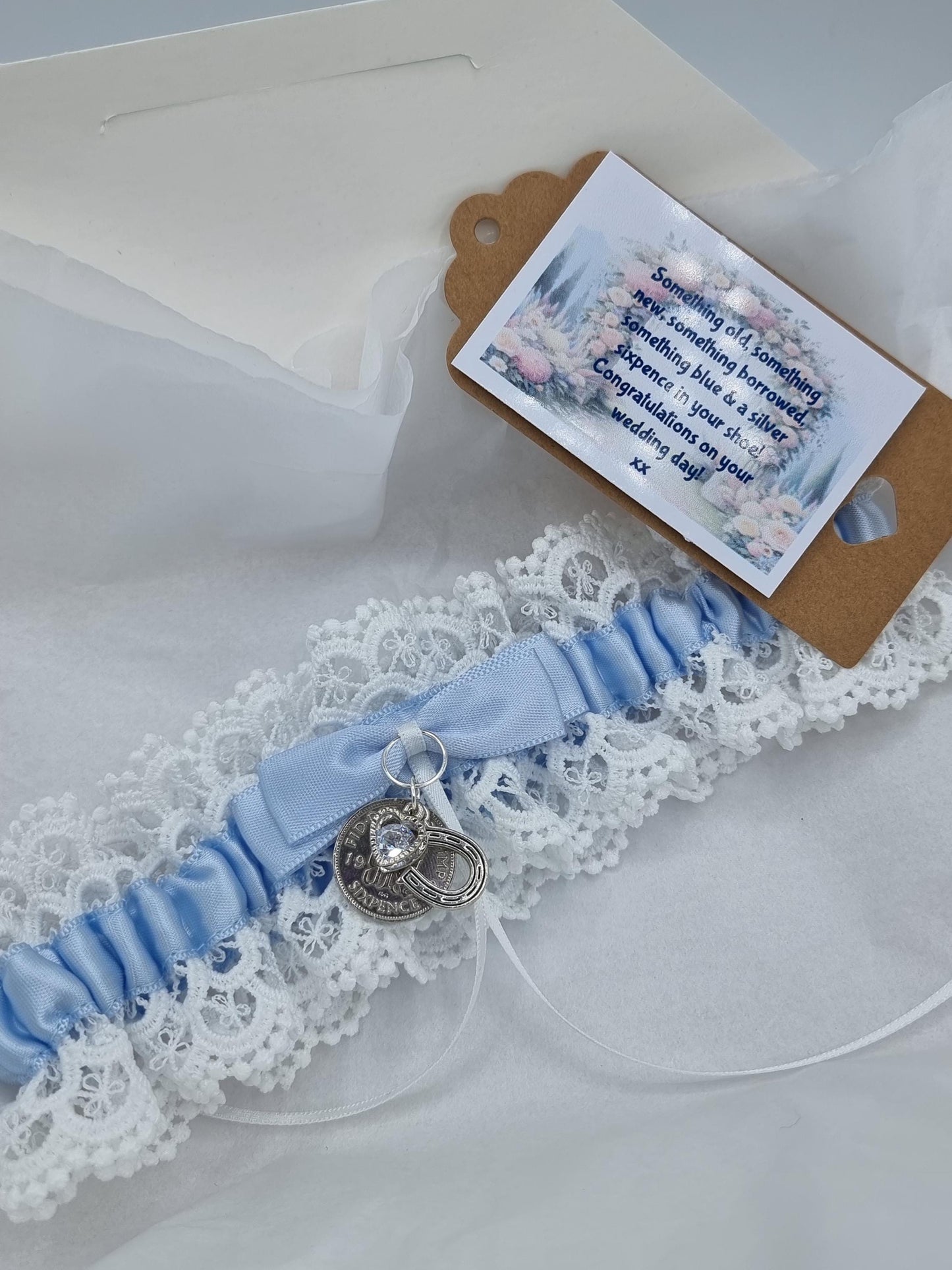 Garter Wedding Gift Boxed Something Blue Sixpence Horseshoe Bride Gift Hen Party Free Gift Bag Tag Free Postage