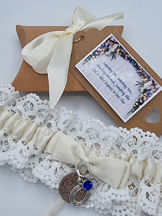 Garter Wedding Something Blue Sixpence Horseshoe Bride Gift Hen Party Free Gift Bag Tag Free Postage